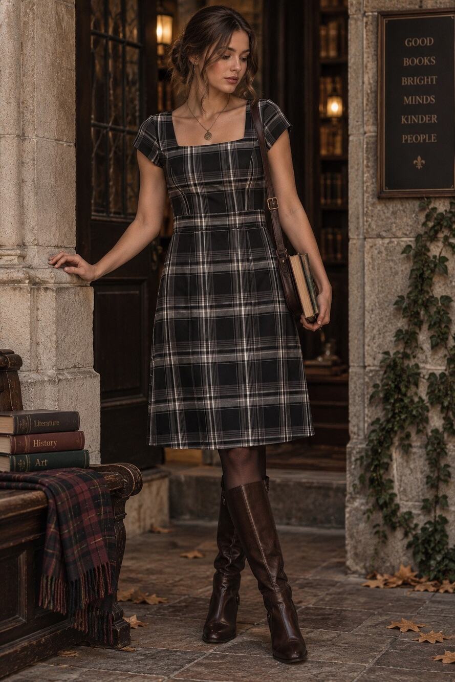 Y2K Dark Academia Preppy Plaid Midi Dress Preppy 2000’s A-Line Square Neck 10